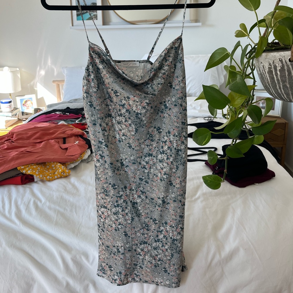 Blue silky dress with florals